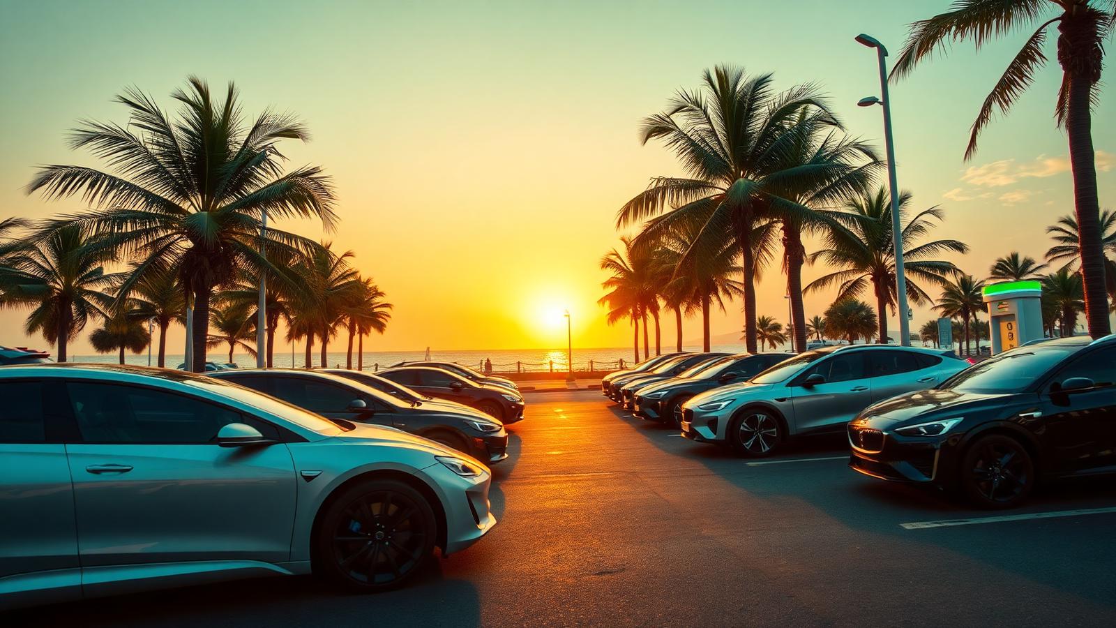 Electric vehicles on a Ghanaian coastal boulevard at sunset